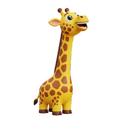 A cheerful, cartoon giraffe with a long neck, brown spots, and a smiling expression.