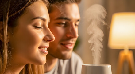 Happy couple enjoying aromatherapy diffuser at home in warm cozy light
