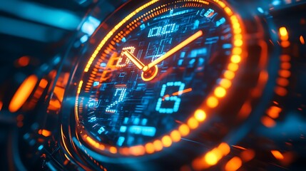 A futuristic clock display with digital numbers and glowing hands in blue and orange colorscheme