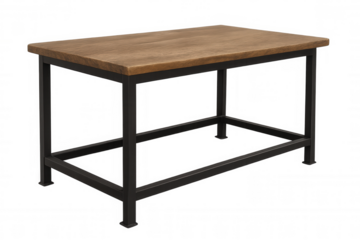 Industrial style coffee table featuring wood top and black metal frame on transparent background