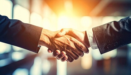 Close-up of two business professionals shaking hands in sunlight, symbolizing trust, teamwork, success, agreement, and professional collaboration.