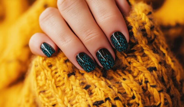 Black and teal knitted pattern manicure on woman's hand in yellow sweater, beauty concept for nail art salon or creative design idea with textured elegance