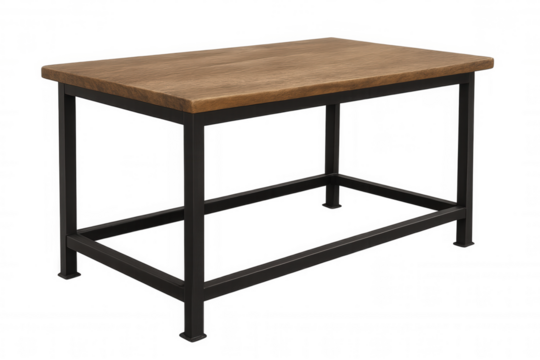 Industrial style coffee table featuring wood top and black metal frame on transparent background