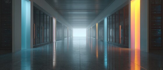 Modern futuristic architecture corridor with sleek illuminated lighting vibrant colors reflective surfaces minimalist design and innovative space for professional environments