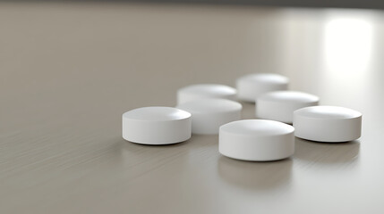 Pills: White, round medicine tablets on a light surface, suggesting healthcare or medication. Simple, clean focus on wellness and treatment.
