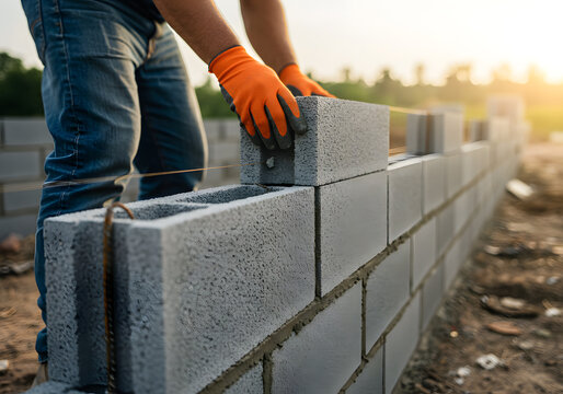 A construction worker is building a sturdy and reliable concrete block wall structure