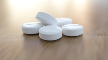 A close-up captures several white, round medication tablets arranged on a wooden surface, illuminated by soft lighting, conveying medical care and well-being.