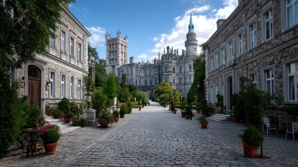 Naklejka premium White Stone Castle European Architecture with Ornate Facade and Greenery Under Blue Sky, Belgium Historic Building with Garden, Sunny Day, Architectural Detail