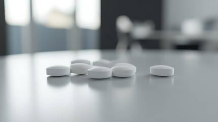 White pills arranged on a glossy surface, simple and clean. Suggests medicine or health. Indoor shot with neutral background and soft focus.