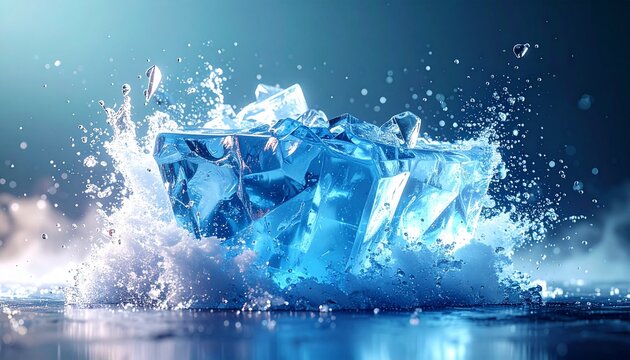 Powerful render conveying fragility, shards, block one D ice color dramatic background, animated ice shattering Action, impact,