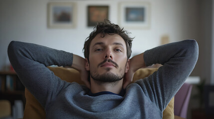 Relaxed man resting at home.  His hands are behind his head.  He is wearing a grey shirt and a comfortable expression.  Background features wall art.