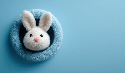 Obraz premium A fluffy white rabbit head peeking from a blue speckled eggshell