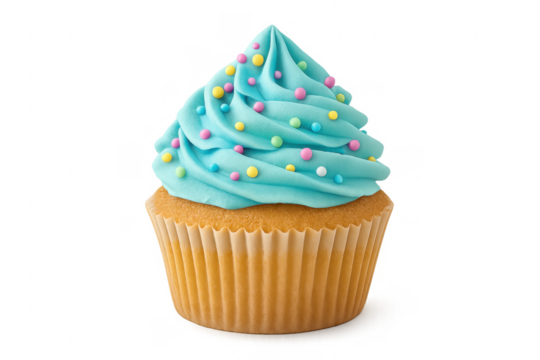 Cupcake with blue frosting and rainbow sprinkles