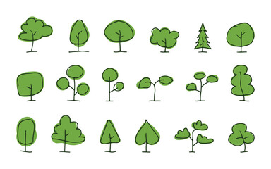 Collection of hand drawn organic green tree icons in flat style. Perfect for infographics. eco-friendly projects, books, banners, nature themes, and environmental design illustrations.