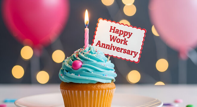 Celebratory Cupcake with Candle and Happy Work Anniversary Note