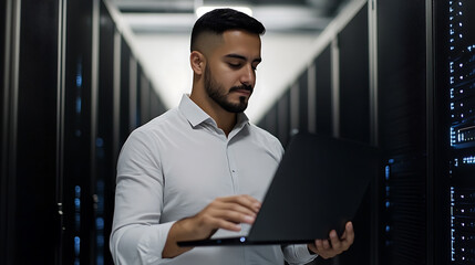 IT specialist managing data center servers with laptop. Ensuring optimal performance and security for critical systems. Data management solutions.