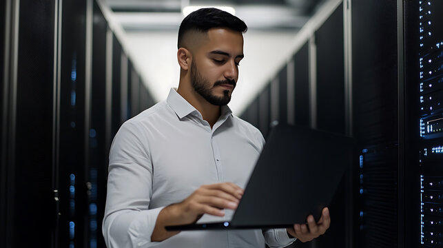 IT specialist managing data center servers with laptop. Ensuring optimal performance and security for critical systems. Data management solutions.