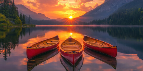 Three canoes on a lake at sunset with mountains in background
