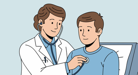 Obraz premium A doctor listens to a young patient's heart with a stethoscope, representing a healthcare consultation and medical check-up in a clinic setting