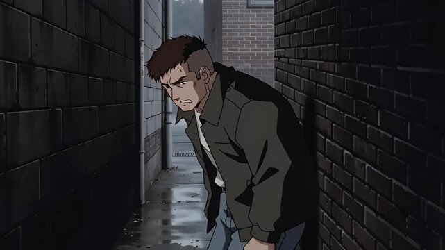 Man leaning against wall upset in alley during rain  