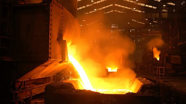 Dramatic Molten Metal Pouring in a Foundry, Intense Heat and Fiery Flow Conveying the Intensity and Power of Steelmaking, a Visual Spectacle of