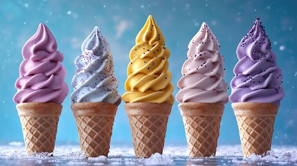 Colorful Ice Cream Scoops in White Cups with Chocolate Strawberry Vanilla and Green Tea Flavors for Sweet Dessert Treat