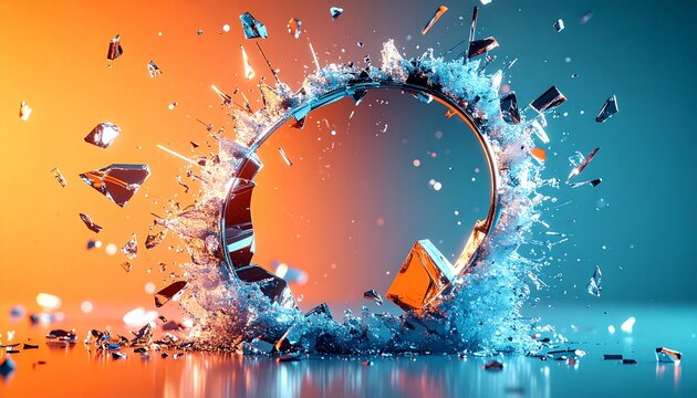Energetic color render background, animated brokenness, explosive fragments, shattering D Action, one conveying mirror glass