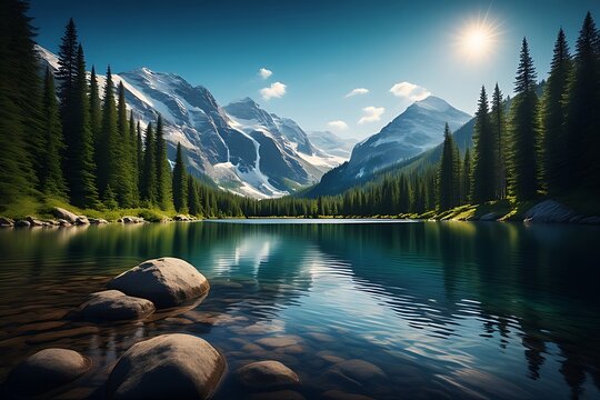 Scenic reflection of a mountain lake in Yosemite National Park with trees, forest, and snow-capped peaks under a cloudy sky