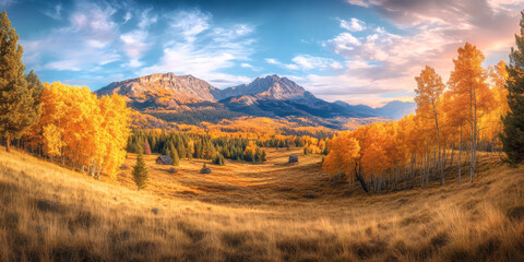 Autumn landscape with yellow trees, grass field and mountain range