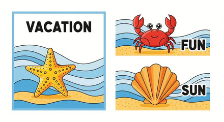 Cute Cartoon Starfish, Crab, and Seashell illustrations for Summer Vacation Fun
