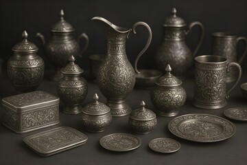 Elegantly Engraved Pewterware Collection: Pitcher, Mugs, and Lidded Boxes in a Monochromatic Still Life