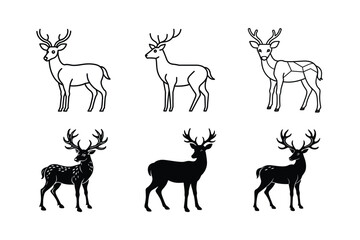 Deer Silhouette and Line Art Vector Icons – Stag Antler Wildlife Illustrations