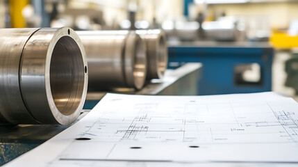 Manufacturing Precision: Cylindrical metal parts and engineering blueprints in an industrial setting, symbolizing meticulous craftsmanship and technical design.