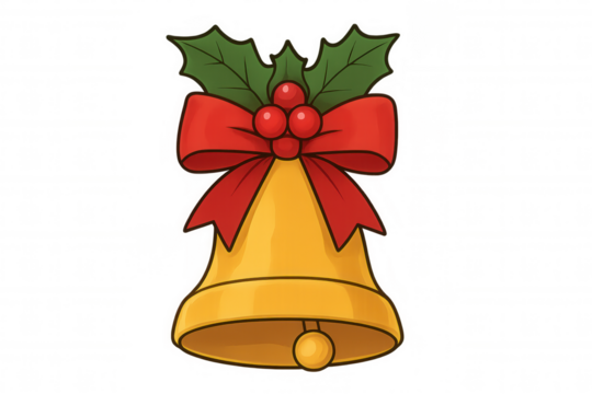 Golden ringing bell with red bow and holly leaves for festive seasonal christmas and new year's celebrations