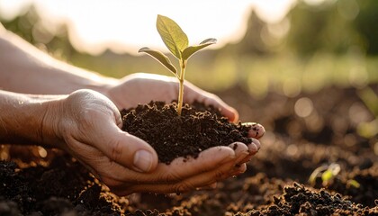 Close-up of hands nurturing a green seedling in sunlight, symbolizing nature care, growth, agriculture, environmental protection, and sustainability.