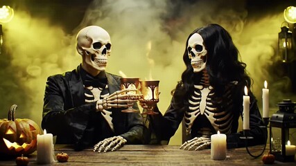 Spooky Halloween skeletons dressed in formal attire, raising glasses in a toast amidst eerie smoke and candlelight