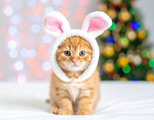 Adorable ginger kitten wearing bunny ears sits on white bedding before a blurred Christmas tree