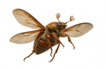 Cockchafer or melolontha insect flying, highlighting its brown textured body and antennae. Transparent background