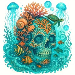 Ocean Inspired Sugar Skull with Marine Elements on White Background