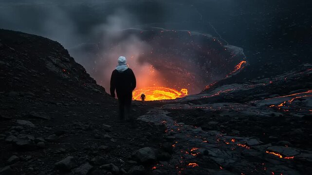 Dramatic lava volcano eruption landscape with a person walking in front of caldera