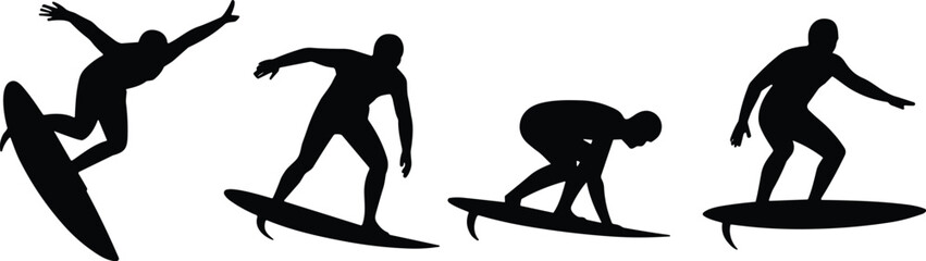Surfer silhouette vector, dynamic surfboard poses, ocean sport action, wave riding icon, cad drawing flat vector illustration, beach lifestyle art