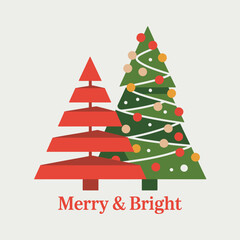 Festive merry & bright christmas trees decorated with ornaments for holiday celebrations and winter season illustration