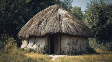 A rustic dwelling with thatched roof, nestled amid verdant foliage and a grassy field