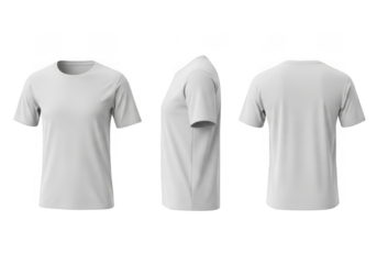 Three views of a blank white tshirt isolated on transparent background, front, side and back, perfect for showcasing your designs with ease and style