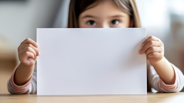 Child hides behind a blank white paper. Little girl holds up a sheet of paper with copy space, creating anticipation and room for text. Innocence captured.