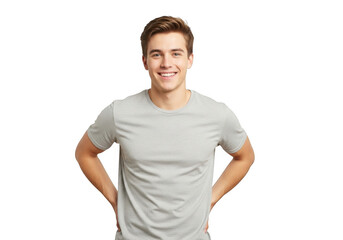 Fototapeta premium Smiling young man in gray tshirt isolated on transparent background, hands on hips, perfect for showcasing your designs with ease and style