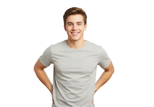 Smiling young man in gray tshirt isolated on transparent background, hands on hips, perfect for showcasing your designs with ease and style