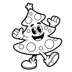 Dancing Christmas tree coloring page, happy cartoon tree character, cheerful holiday outline, printable activity sheet, kids vector
