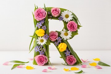 A vibrant floral arrangement shaped like the letter R, filled with colorful flowers and lush green leaves