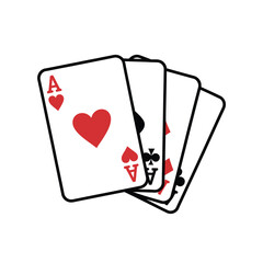 Four aces playing cards fanned out displaying symbols of luck and chance in gambling games illustration